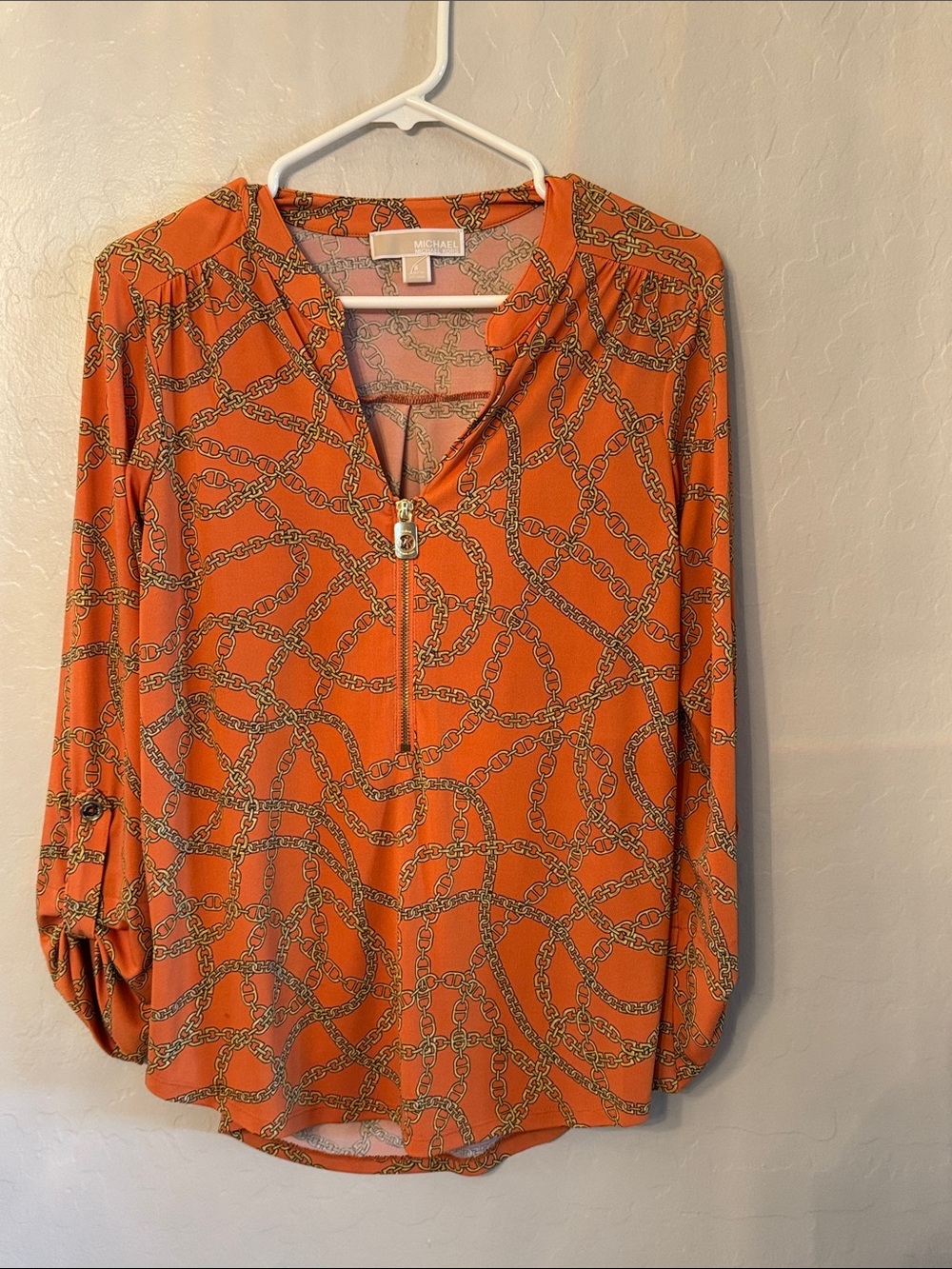 MICHAEL Michael Kors Orange Chain-Print Zip Blouse